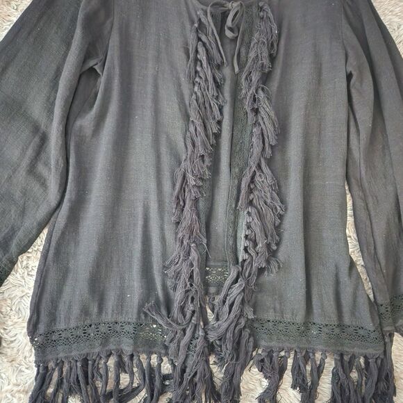 PPLA Clothing Open Front Fringe Hem Black Kimono Cardigan Women's Size Medium - Picture 3 of 10